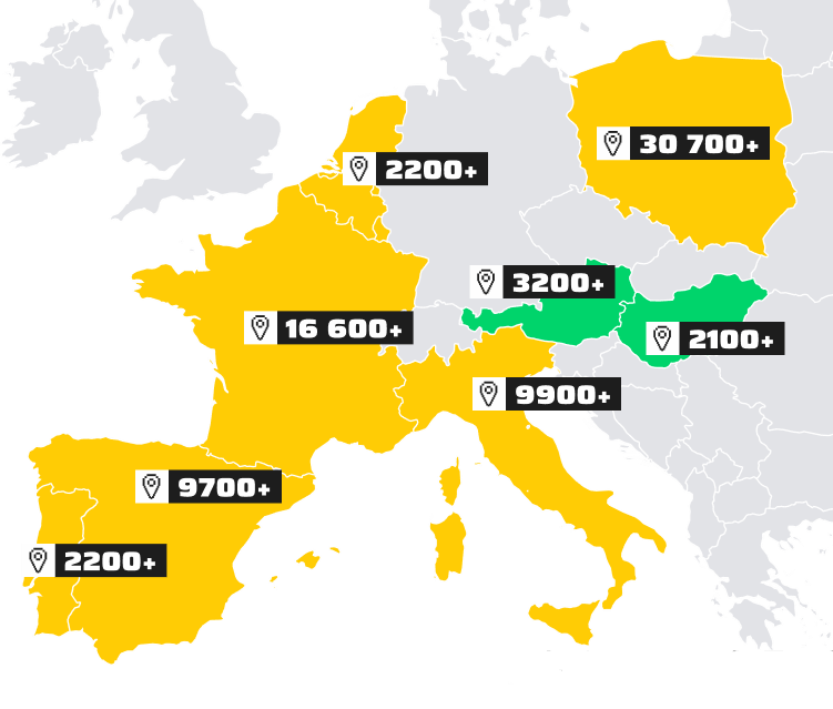 Mapa Europy z zaznaczonymi krajami, w których dostępna jest usługa InPost International, wraz z liczbami punktów odbioru na danym rynku. Polska - 30700, Włochy - 9900, Francja - 16600, Benelux - 2200, Hiszpania - 9700, Portugalia - 2200, Austria - 3200, Węgry - 2100.