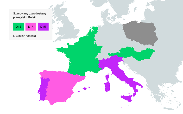 Mapa Europy z zaznaczonymi krajami, w których dostępna jest usługa InPost International, wraz z szacowanym czasem dostawy w danym regionie. Belgia, Holandia, Francja, Luksemburg, Austria, Węgry - 3 dni od dnia nadania, Hiszpania - 4 dni od dnia nadania, Portugalia, Baleary, Sardynia, Korsyka, Włochy - 5 dni od dnia nadania.