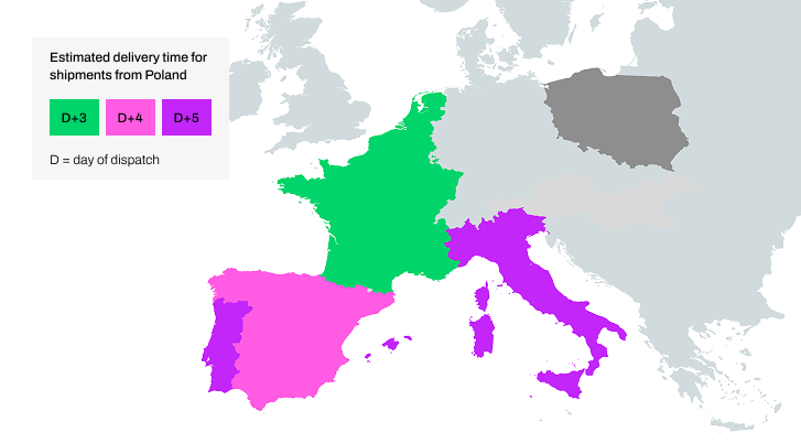 Map of Europe highlighting the countries where InPost International service is available, along with the estimated delivery time for each region. Belgium, Netherlands, France, Luxembourg - 3 days from the date of posting, Spain - 4 days from the date of posting, Portugal, Balearic Islands, Sardinia, Corsica, Italy - 5 days from the date of posting.