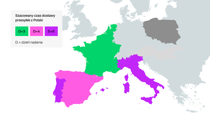 Mapa Europy z zaznaczonymi krajami, w których dostępna jest usługa InPost International, wraz z szacowanym czasem dostawy w danym regionie. Belgia, Holandia, Francja, Luksemburg - 3 dni od dnia nadania, Hiszpania - 4 dni od dnia nadania, Portugalia, Baleary, Sardynia, Korsyka, Włochy - 5 dni od dnia nadania.