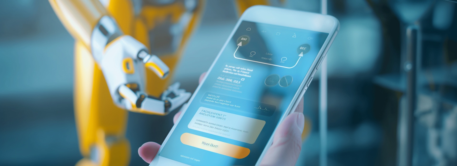 Robot w tle, ręka trzymająca smartfon z aplikacją do logistyki a sztucznej inteligencji.