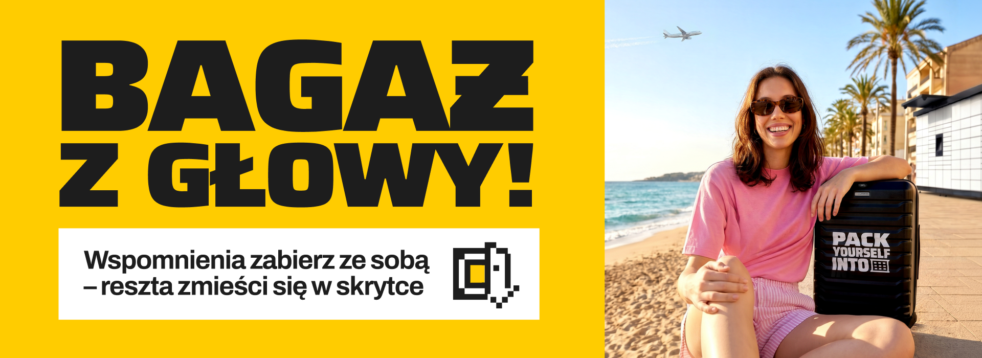 Dziewczyna z walizką InPost siedzi na plaży. Bagaż z głowy! Wspomnienia zabierz ze sobą - reszta zmieści się w skrytce.
