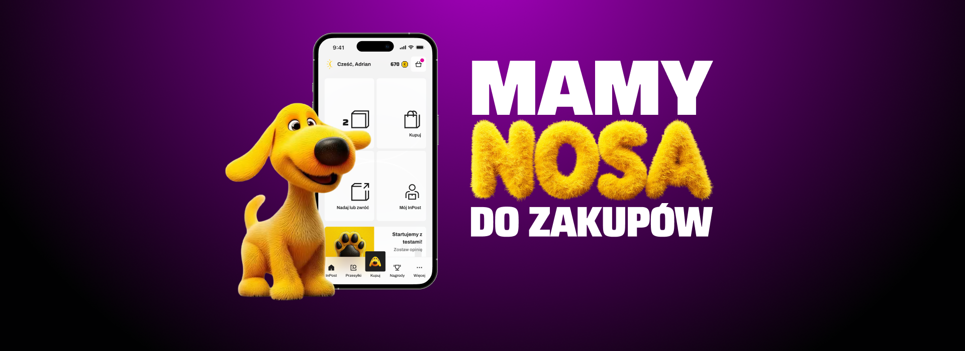 Mamy nosa do zakupów! Uśmiechnięty żółty pies stoi obok ekranu telefonu z włączoną aplikacją InPost