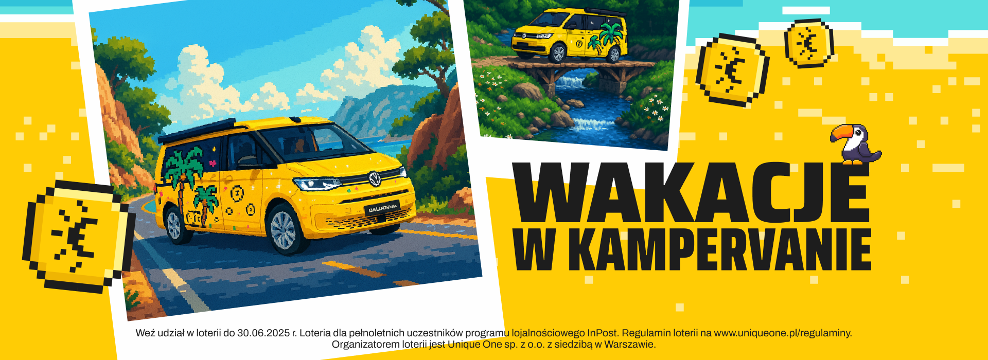 Żółty Kampervan Volkswagen California z loterii InPost. Weź udział w loterii do 30.06.2025 r. Loteria dla pełnoletnich uczestników programu lojalnościowego InPost. Regulamin loterii na www.uniqueone.pl/regulaminy. Organizatorem loterii jest Unique One  sp. z o.o. z siedzibą w Warszawie.