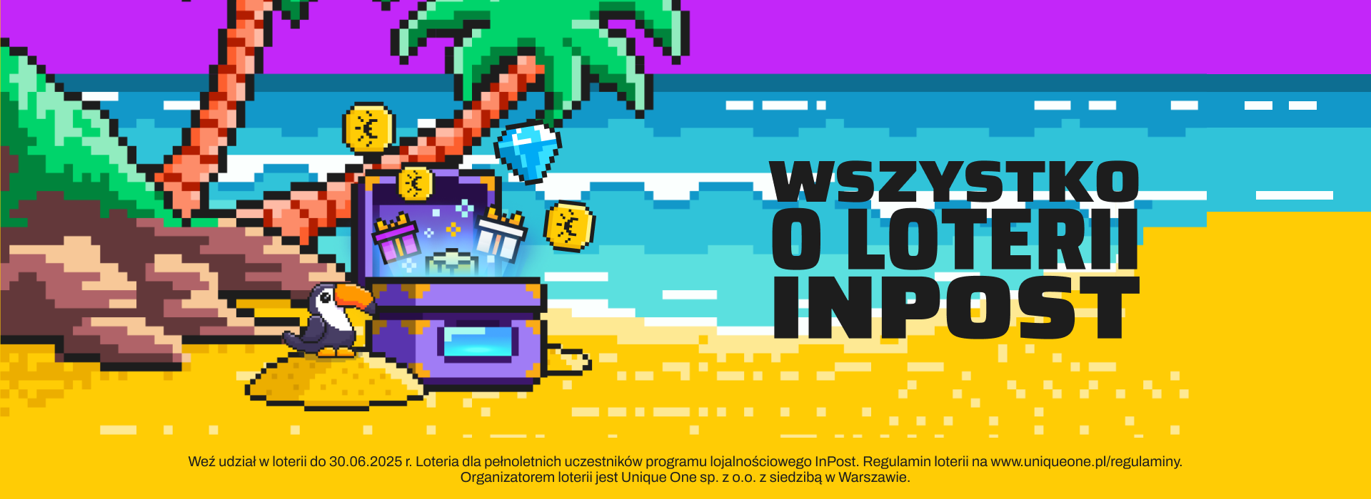 InBox znajdujący się na plaży. Wszystko o loterii InPost. Weź udział w loterii do 30.06.2025 r. Loteria dla pełnoletnich uczestników programu lojalnościowego InPost. Regulamin loterii na www.uniqueone.pl/regulaminy. Organizatorem loterii jest Unique One  sp. z o.o. z siedzibą w Warszawie.