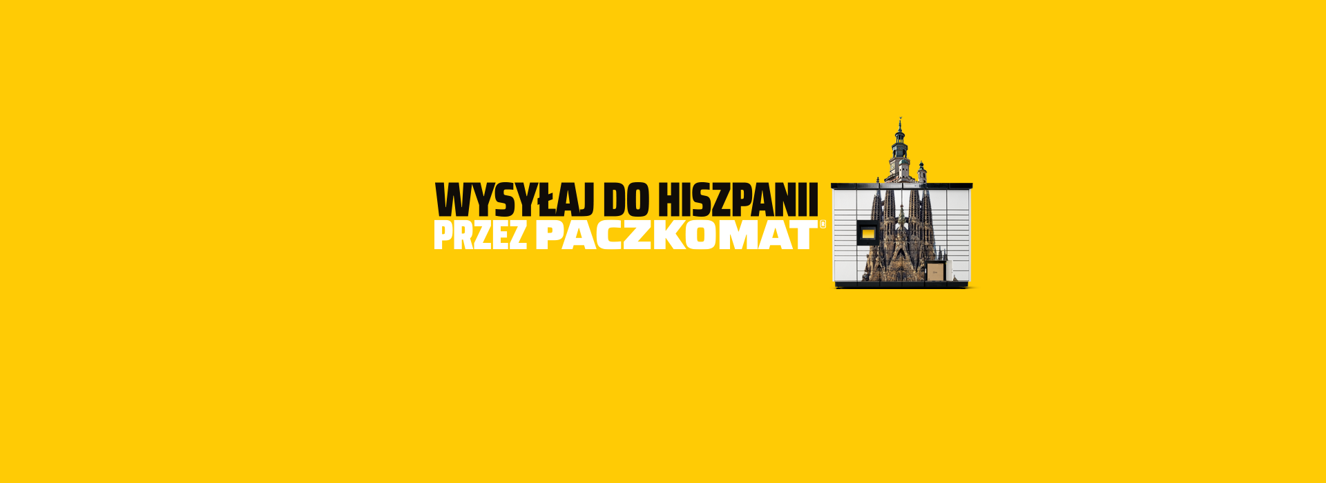Grafika przedstawia napis "Wysyłaj do Hiszpanii przez Paczkomat" na żółtym tle, sugerując możliwość wysłania paczki do Hiszpanii. Obok znajduje się paczkomat z nadrukowanym wizerunkiem bazyliki Sagrada Família.