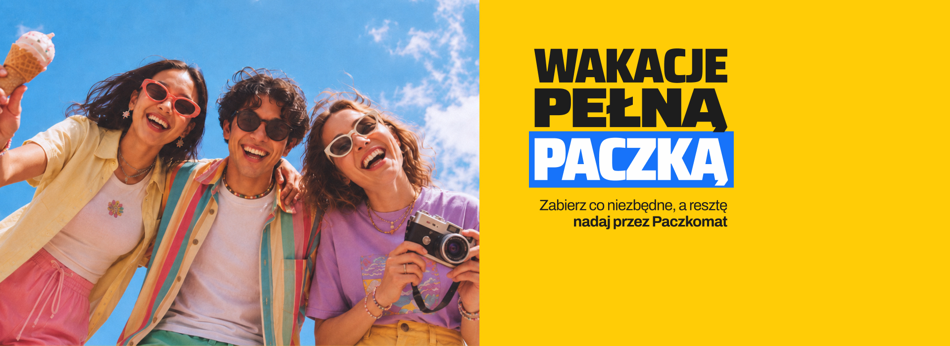 Dwie dziewczyny i chłopak w słonecznych okularach na tle niebieskiego nieba. Obok napis "Wakacje pełną paczką. Zabierz co niezbędne, a resztę nadaj przez Paczkomat."