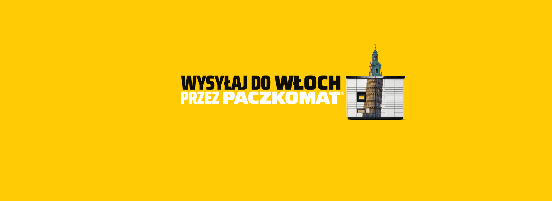 Grafika przedstawia napis "Wysyłaj do Włoch przez Paczkomat" na żółtym tle, sugerując możliwość wysłania paczki do Włoch. Obok znajduje się paczkomat z nadrukowanym wizerunkiem Krzywej Wieży w Pizie.