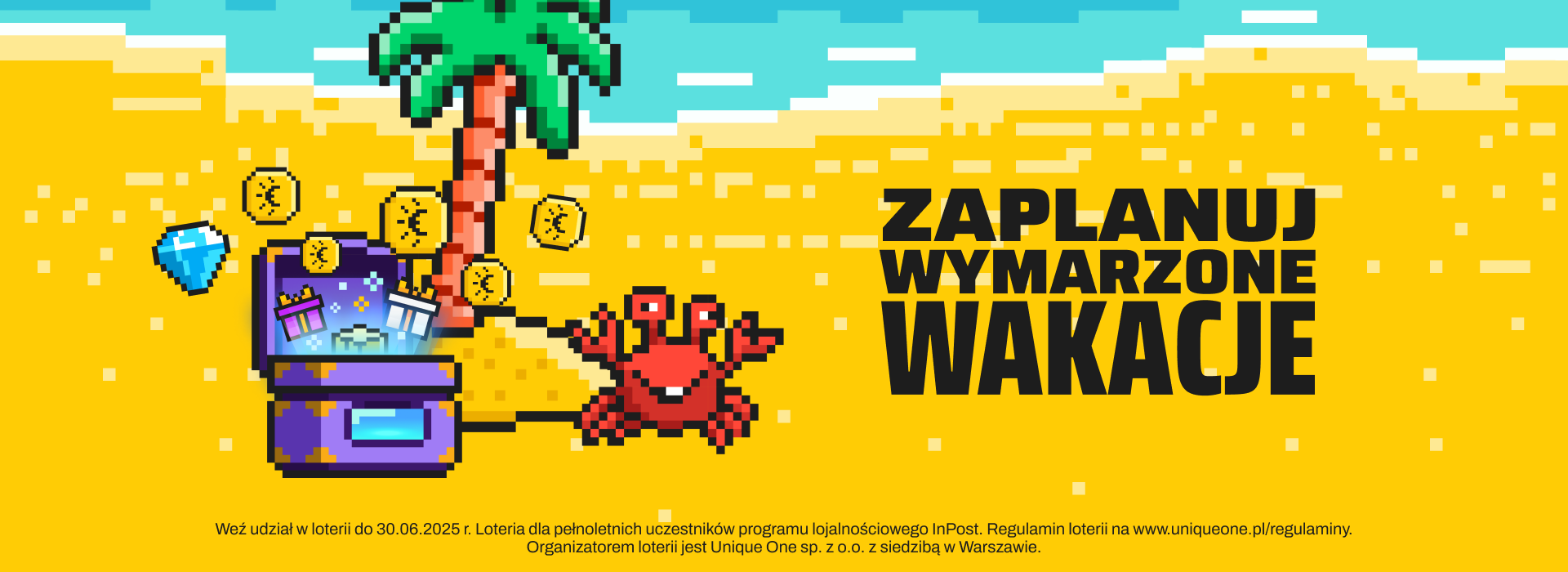 Na plaży palma, InBox i czerwony rak. Weź udział w loterii do 30.06.2025 r. Loteria dla pełnoletnich uczestników programu lojalnościowego InPost. Regulamin loterii na www.uniqueone.pl/regulaminy. Organizatorem loterii jest Unique One  sp. z o.o. z siedzibą w Warszawie. 