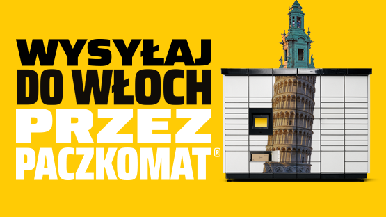 Grafika przedstawia napis "Wysyłaj do Włoch przez Paczkomat" na żółtym tle, sugerując możliwość wysłania paczki do Włoch. Obok znajduje się paczkomat z nadrukowanym wizerunkiem Krzywej Wieży w Pizie.