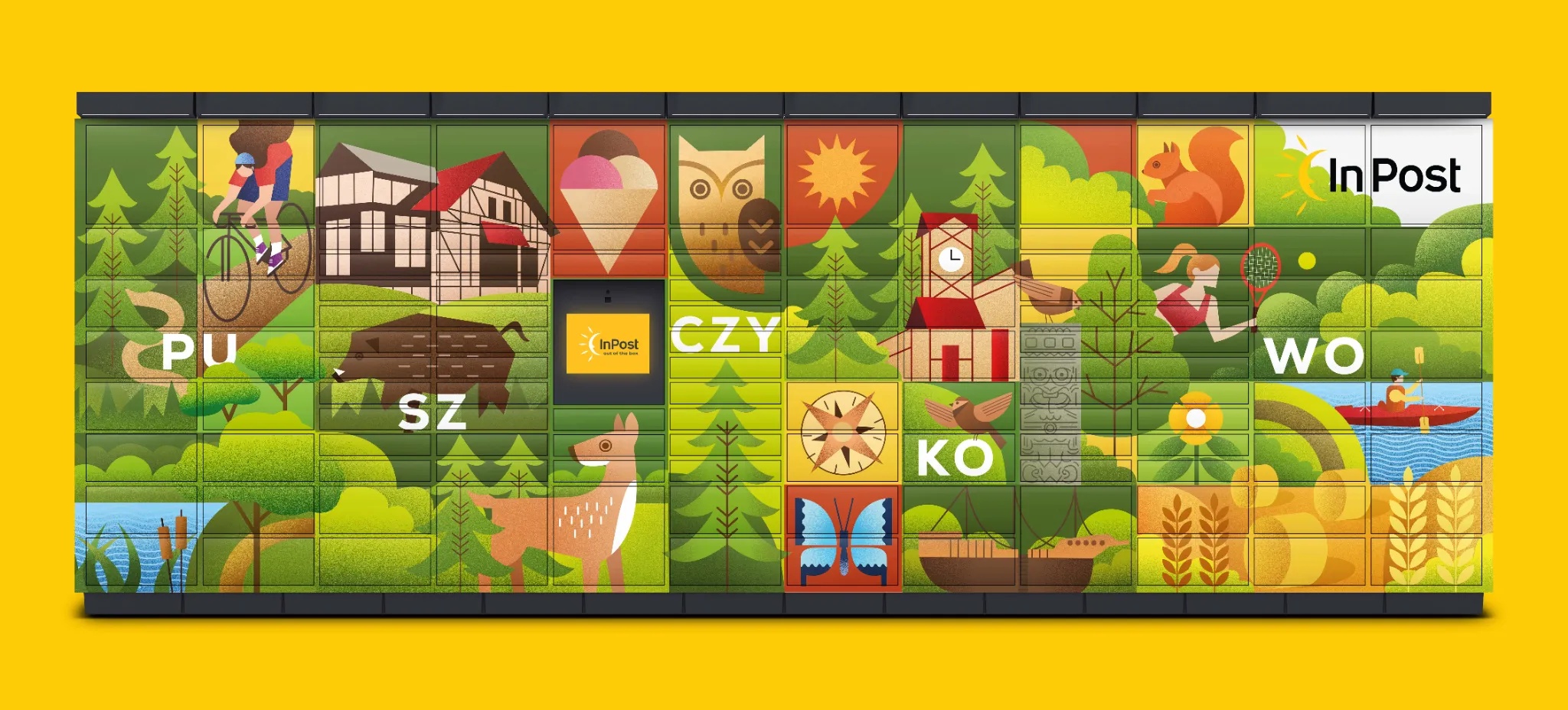 Kolorowy projekt okleiny Paczkomat z ilustracjami lasu, zwierząt, sportowych aktywności i budynków Puszczykowa. 