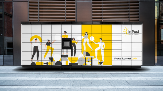 Paczkomat InPost z atrakcyjną grafiką reklamową, co sugeruje działania w ramach usługi Reklama dla firm. Wizualizacja podkreśla możliwości promocji i widoczność marki, korzystając z przestrzeni wokół maszyny Paczkomat jako efektywnego nośnika reklamowego.